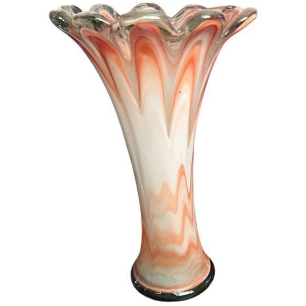 Vintage Murano Italian Glass Vase‎ Orange White Swirl